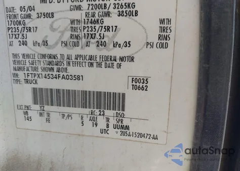 2004 Ford F-150 Fx4/Lariat/Xl/Xlt from USA, damaged, VIN 1FTPX14534FA03581